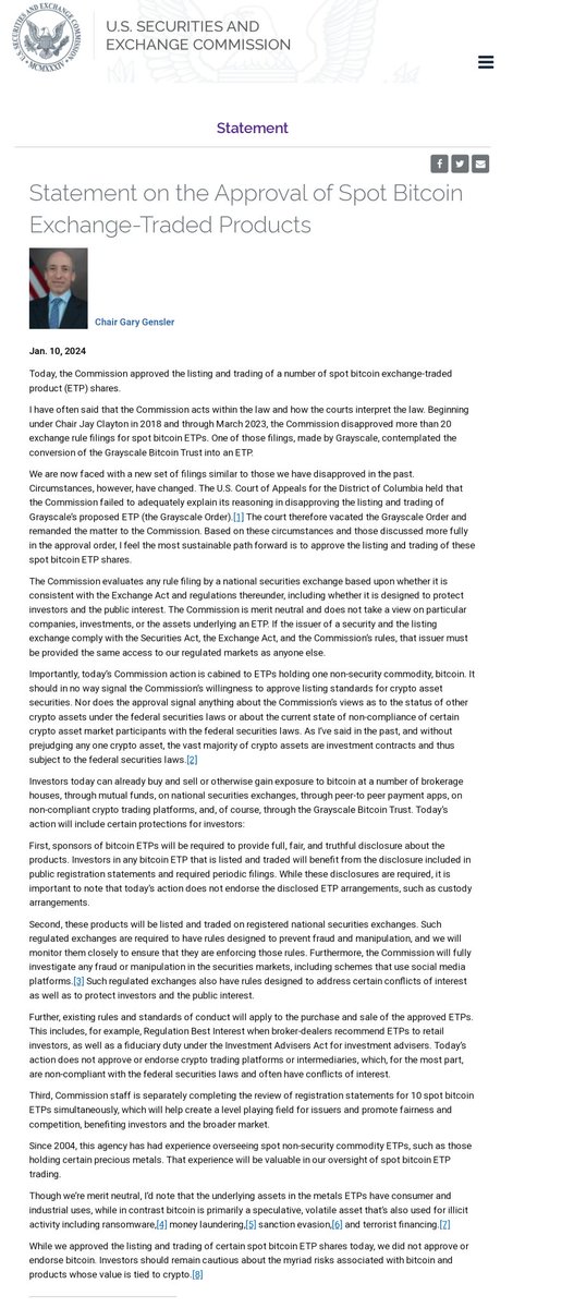 On l'attendait tous, le communiqué officiel de Gary Gensler à propos de l'approbation de l'ETF Bitcoin spot est en ligne sur le site officiel de la SEC !

C'est donc 100% officiel, partagez au max pour donner de la force 🔥🔥🔥

sec.gov/news/statement…