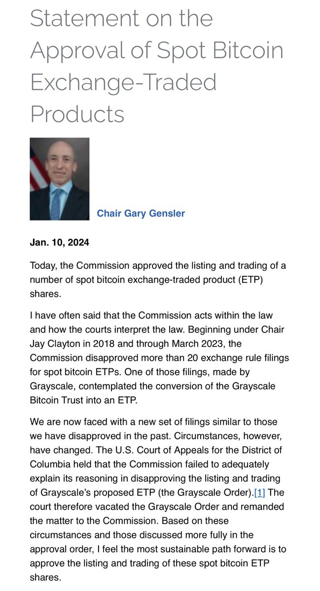 JUST IN: 🇺🇸 SEC Chair Gary Gensler issues statement on Spot #Bitcoin ETF approval. 

"While we approved the listing and trading of certain spot bitcoin ETP shares today, we did not approve or endorse bitcoin."

#BitcoinETF #BITCOIN  ETF   $ETH The SEC  ETF Approval #CryptoNews