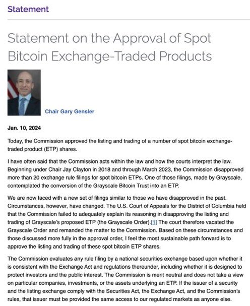 💥GARY GENSLER: “While we approved the listing and trading of certain spot Bitcoin ETP shares today, we did not approve or endorse Bitcoin."