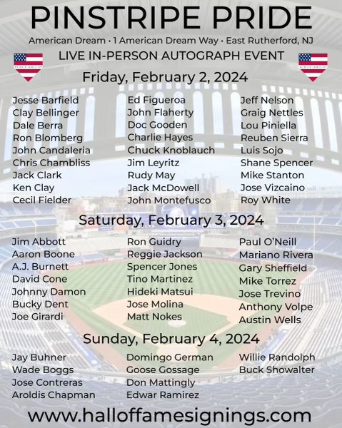 MintPros's tweet image. ⚾️ Dont miss the Pinstripe Pride show hosted by @HOFSignings where over 50 former/current Yankees will be signing autographs and taking pictures with the fans at the American Dream Mall in East Rutherford NJ Friday 2/2 - Sunday 2/4! ⚾️