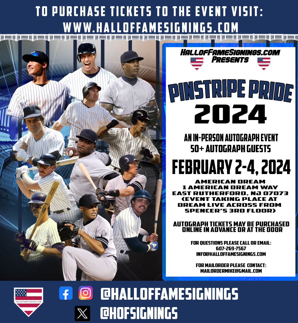 MintPros's tweet image. ⚾️ Dont miss the Pinstripe Pride show hosted by @HOFSignings where over 50 former/current Yankees will be signing autographs and taking pictures with the fans at the American Dream Mall in East Rutherford NJ Friday 2/2 - Sunday 2/4! ⚾️