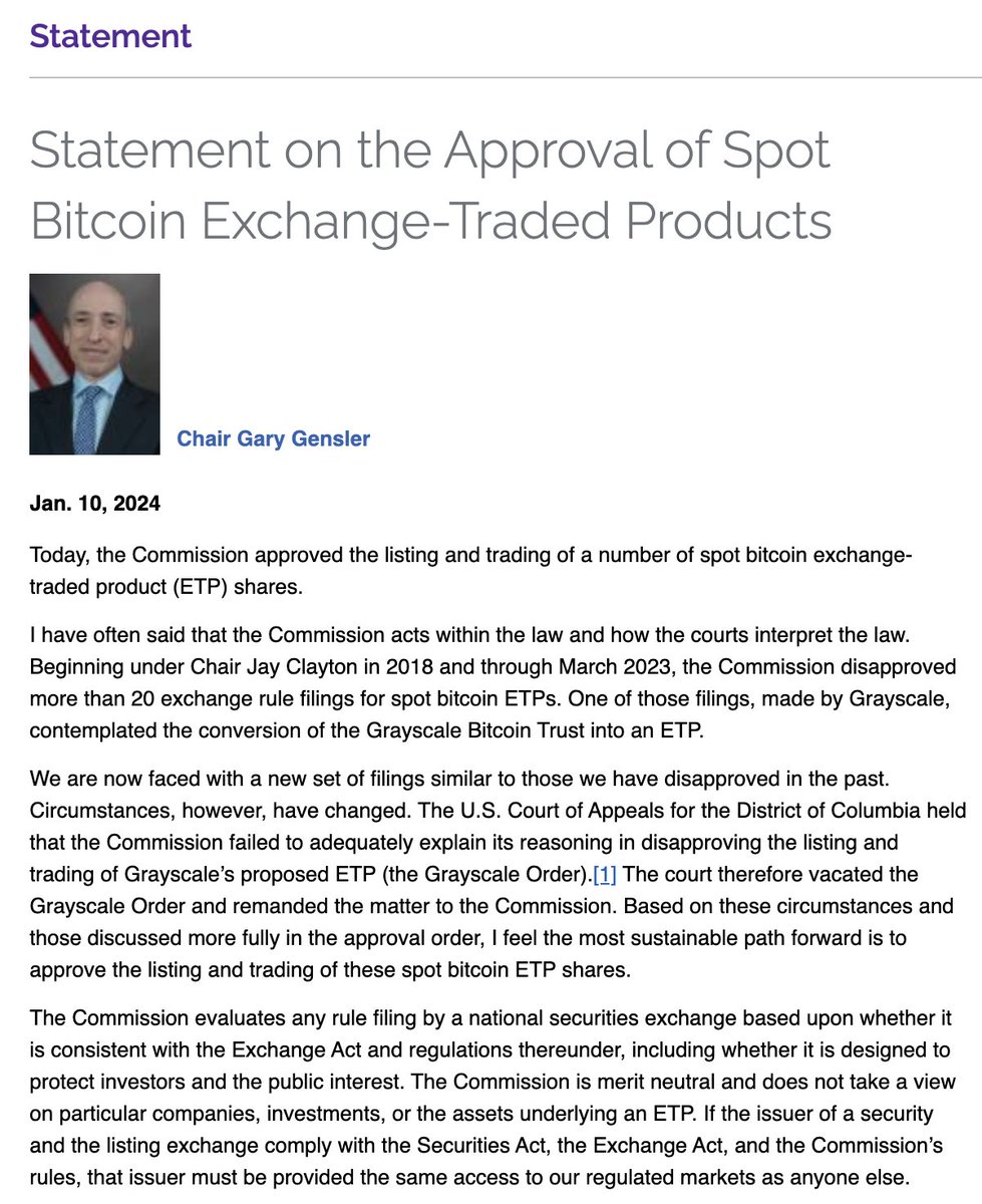 JUST IN: 🇺🇸 SEC Chair Gary Gensler releases official statement saying  they approved spot #Bitcoin ETFs
