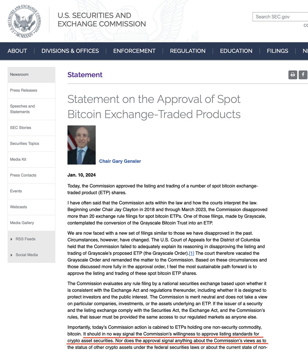 JUST IN: Gary Gensler's letter on the spot #Bitcoin ETF approval makes two things clear:

1) This happened because the SEC lost the Grayscale case

2) This "in no way" signals their willingness to approve other "crypto asset securities"