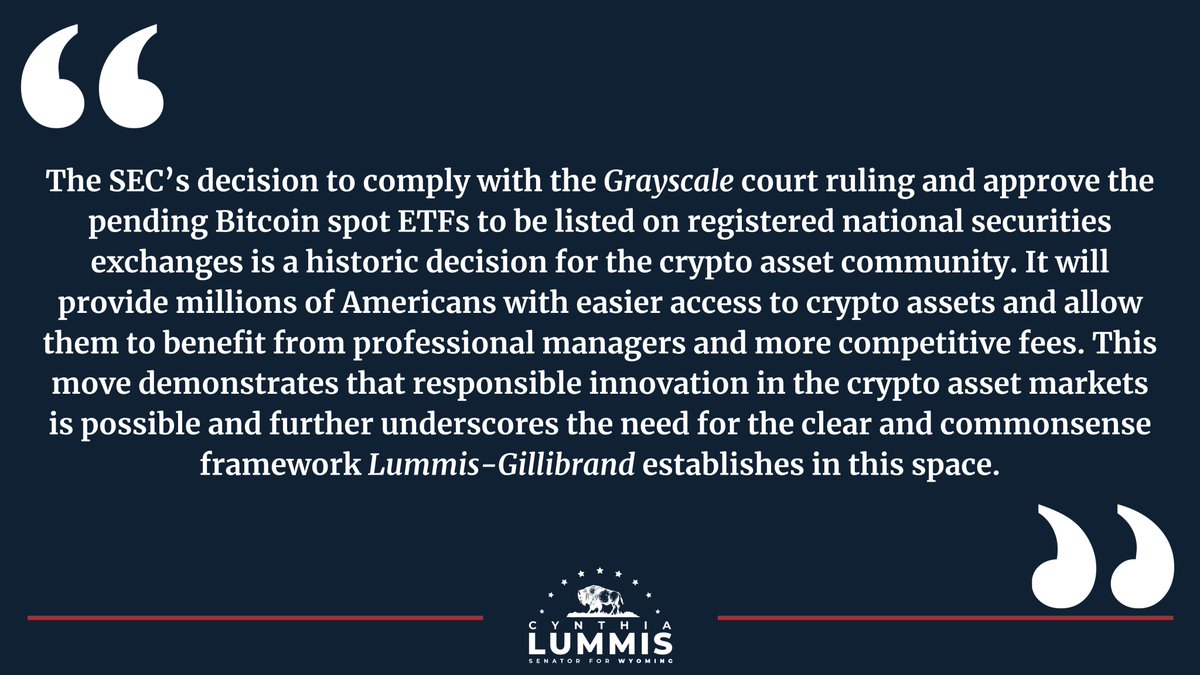 Senator Cynthia Lummis (@senlummis) on Twitter photo I am thrilled <a href="/SECGov/">U.S. Securities and Exchange Commission</a> granted approval for all 11 #Bitcoin spot exchange traded funds.
Read my full statement ā¬ļø I am thrilled <a href="/SECGov/">U.S. Securities and Exchange Commission</a> granted approval for all 11 #Bitcoin spot exchange traded funds.
Read my full statement ā¬ļø