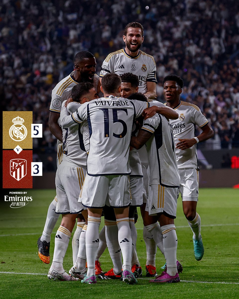 realmadriden's tweet photo. 🙌 WE'RE IN THE FINAL! 🙌
🏁 @RealMadridEN 5-3 @Atletienglish 
⚽ 7' Mario Hermoso
⚽ 20' @ToniRuediger 
⚽ 29' @ferland_mendy
⚽ 37' Griezmann 
⚽ 78' Rüdiger (o.g.)
⚽ 85' @DaniCarvajal92
⚽ 116' Savić (o.g.)
⚽ 120+2' @Brahim
#superSupercopa | #Emirates https://t.co/xikFCqPWIT