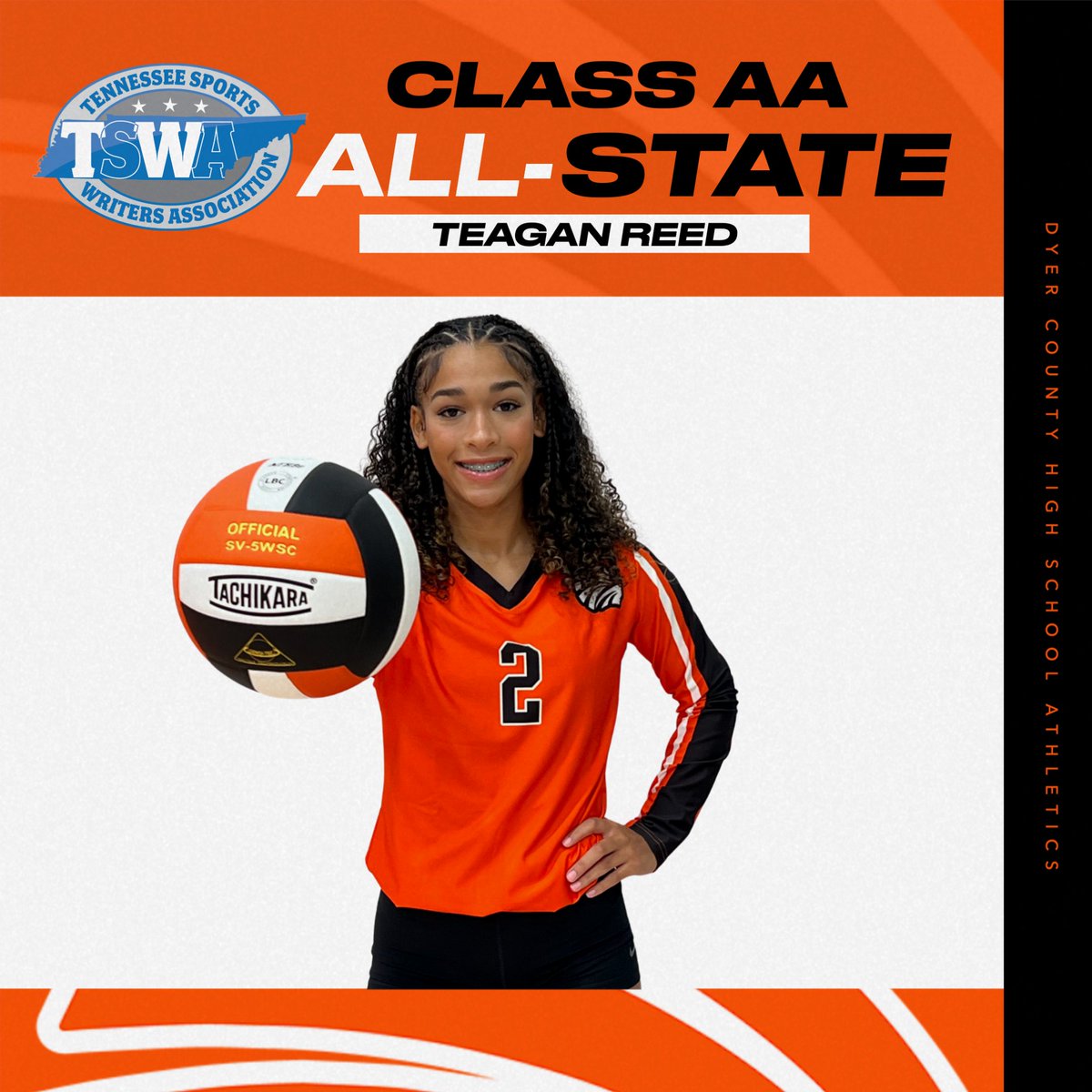 dyercosports's tweet photo. Congratulations to @DyerCountyVB Teagan Reed on being named to the Tennessee Sportswriters Association All-State Team. Teagan was named to the team as an Outside Hitter. Congratulations Teagan! #TRIBE4LIFE https://t.co/xt9gSubtmD