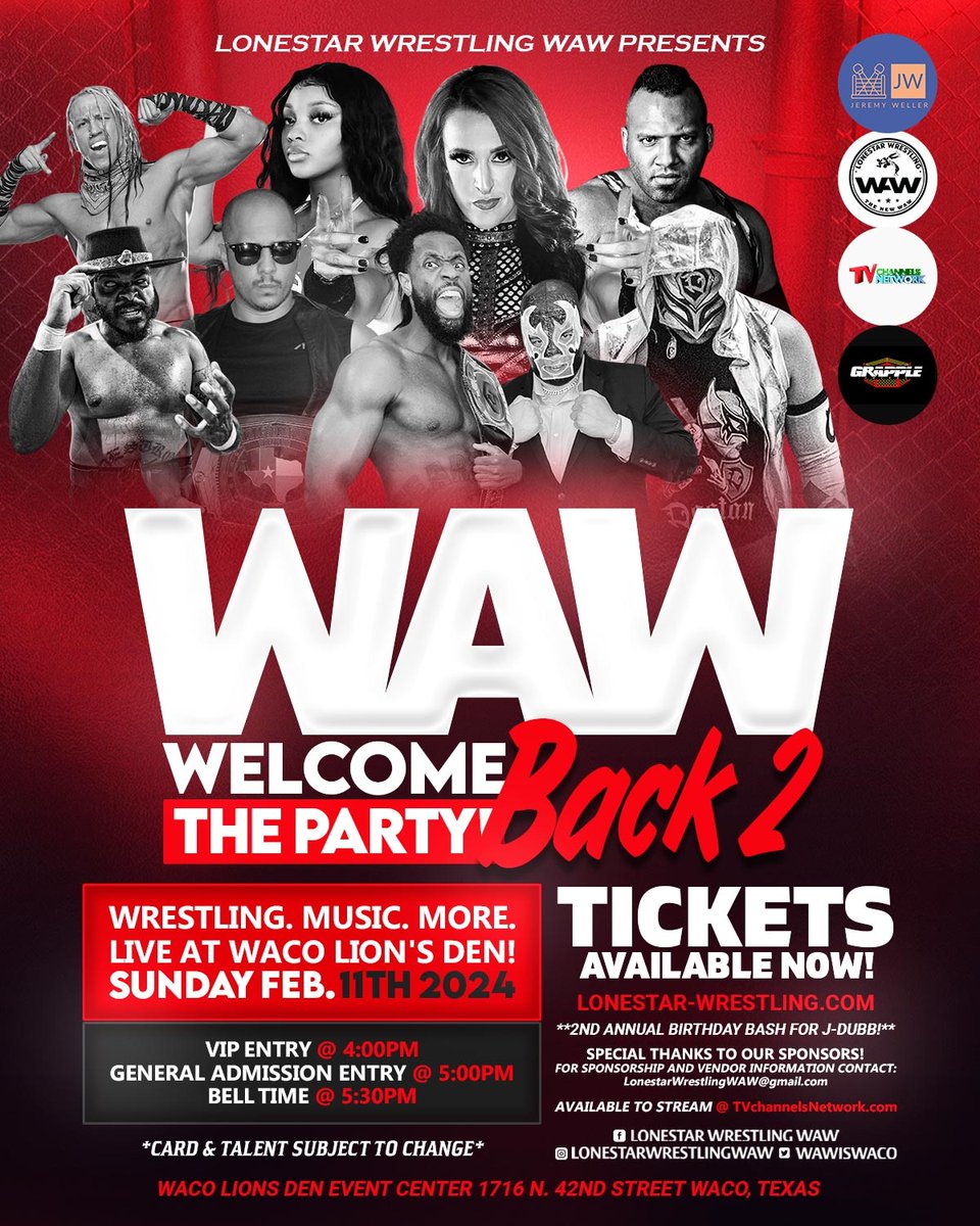 💥 Next WAW Event! Welcome Back 2 The Party 🎉 🎟️ Lonestar-Wrestling.com 📆 Sun. 02/11/24 📍 Waco Lions Den #LiveProWrestling #TexasWrestling #ProWrestling #WomensWrestling #Waco #Texas