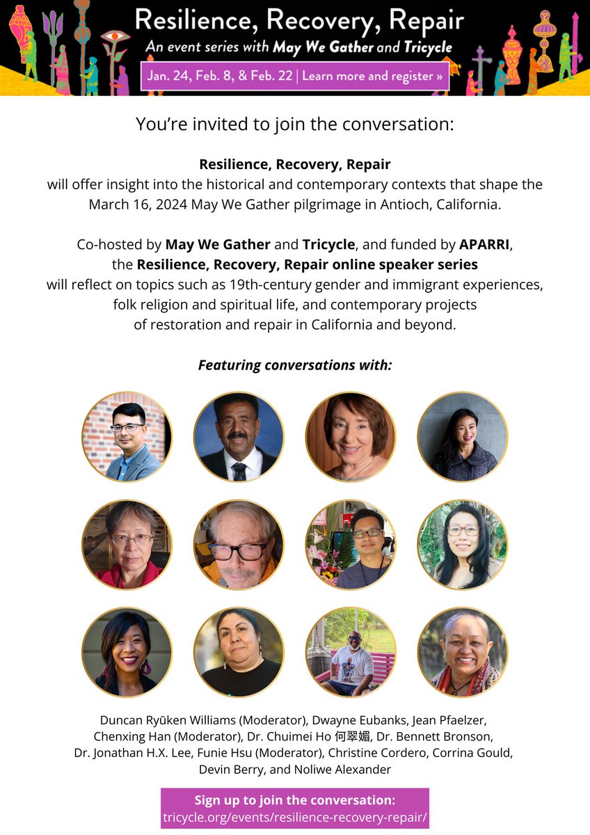Hope you can join us for "Resilience, Recovery, Repair," an online speaker series on Jan 24, Feb 2, &amp; Feb 22 hosted by #MayWeGather w/ <a href="/tricyclemag/">Tricycle: The Buddhist Review</a> &amp; supported by <a href="/APAReligions/">APARRI</a>. We've got a great lineup of speakers! More info at tricycle.org/events/resilie…