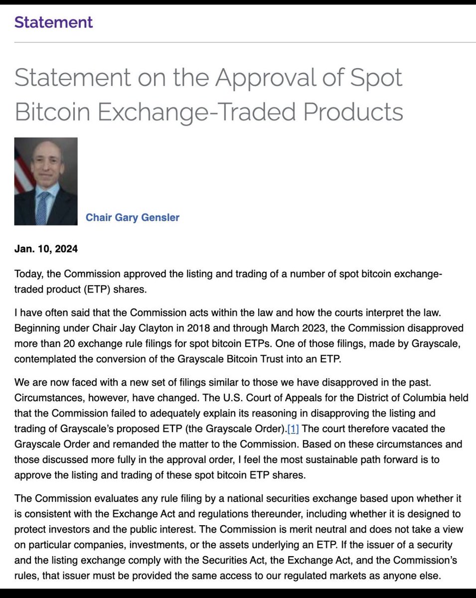 SecBitcoin's tweet photo. Chair Gary Gensler’s statement on the approval of Bitcoin ETPs #Bitcoin #BitcoinEFTs 

https://t.co/I42QCog09u… https://t.co/28pFUesnhn