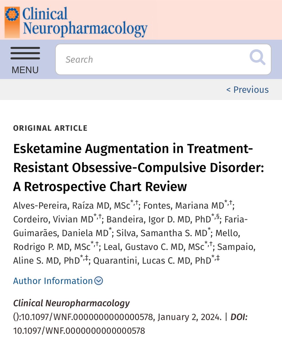 Happy to see this come out in print. Preliminary evidence that subcutaneous and intravenous #esketamine may reduce obsessive-compulsive symptoms in treatment-resistant #OCD. journals.lww.com/clinicalneurop…