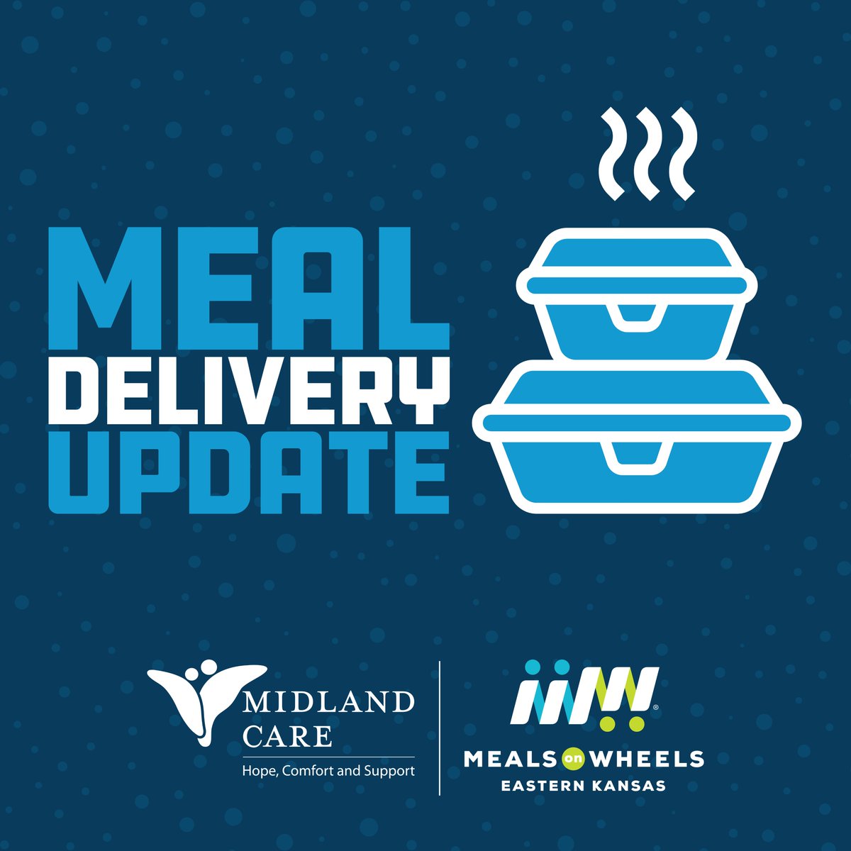 TopekaMOW's tweet image. ⚠️ WEATHER UPDATE ⚠️ Due to upcoming challenges on Friday, Jan 12, we are adjusting our delivery schedule. Hot meals for Thursday, as usual. Friday recipients get frozen meals on Thursday. Your safety is our priority. Thanks for your understanding! #MidlandCare #MealsonWheels