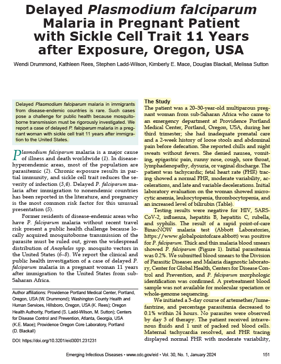 Fredros_Inc's tweet photo. She moved to the United States 11 Years ago, when she was already infected with malaria parasites, but she remained without any signs of the disease till now. .. now tha'ts a long time
~
"Delayed Plasmodium falciparum malaria in immigrants from  disease-endemic countries is rare. Such cases pose a challenge for  public health because mosquitoborne transmission must be rigorously  investigated. We report a case of delayed P. falciparum malaria in a pregnant woman with sickle cell trait 11 years after immigration to the United States." Drummond et al
~
Drummond et al 2024: Delayed Plasmodium falciparum Malaria in Pregnant Patient with Sickle Cell Trait 11 Years after Exposure, Oregon, USA: https://t.co/4uXpEUQ8kl