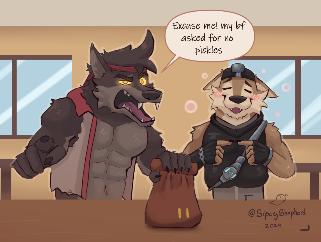 Wendell and Dire on a date 🐺✨
He said no pickles!😡

#Fortnite #WendellWednesday #furryart