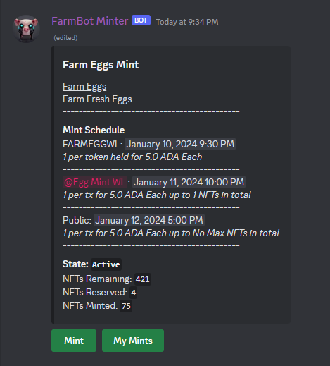 unisi_si's tweet photo. Mint on Discord? Why not? 
Those guys are doing a great job!
Congratulations @TheFarmBots!

#Cardano #CardanoCommunity #CNFT #Discord https://t.co/vAdPuQrhfY