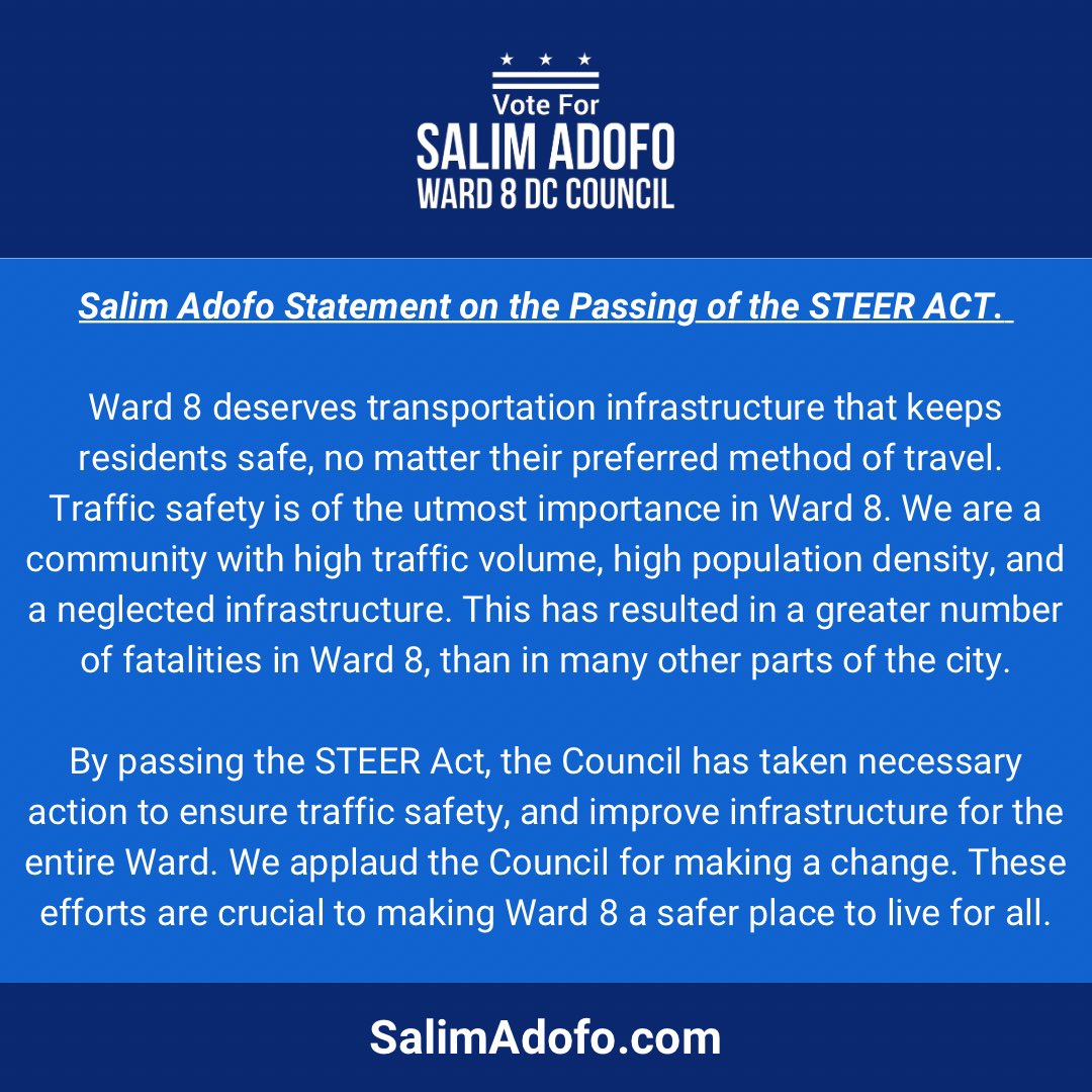 Yesterday the council passed the Strengthening Traffic Enforcement Education and Responsibility Amendment Act (STEER ACT) with a 12-0 vote. Here is my statement regarding its passage.
#WeAreWard8