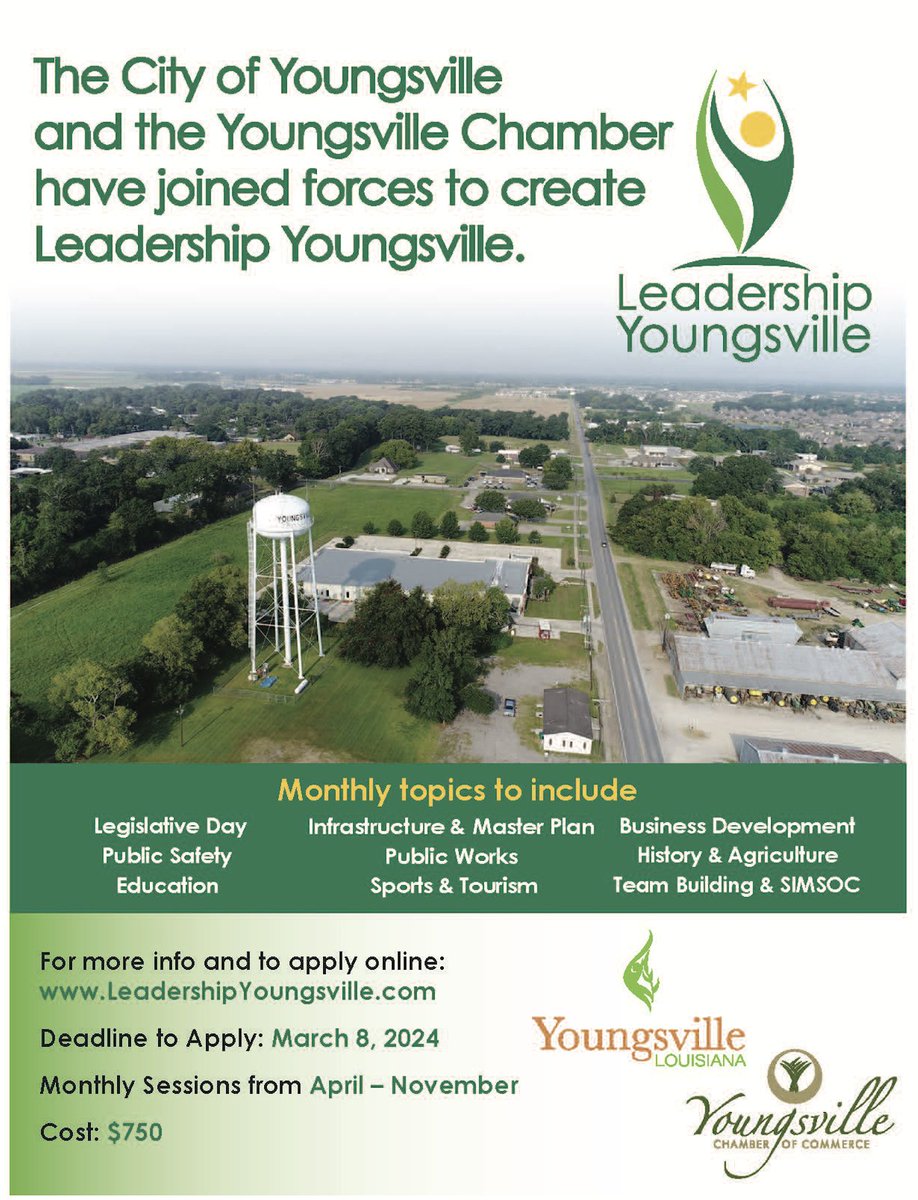 LeadershipYOU's tweet image. The City of Youngsville and the Youngsville Chamber are excited to announce applications are now being accepted for Leadership Youngsville Class V.  
Apply for Leadership Youngsville at LeadershipYoungsville.com.
Thank you to our 2024 Program Sponsor @HancockWhitney