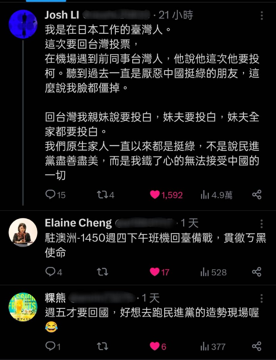 JamesHsiehtw's tweet photo. 2020年

那一年是大家危機感很重的一次，香港反送中＋韓粉大軍，我超級焦慮

投票前幾天某晚吃晚飯

我媽：「你知道隔壁陳媽媽在英國念博士的女兒，她後天要飛回台灣．而且她是特地回來投票，投完就飛回去」

我放下筷子：「哇，這機票不便宜」

我媽：「對，陳媽媽跟我說她女兒說一定要回來救台灣，好像因為正在寫論文，投完就要趕快飛回去」

我愣住：「了不起，幫我跟陳媽媽說，你女兒很棒」

然後現在是2024了

我看著我的群組與臉友，很多都在這幾天紛紛飛回台灣，只為了投票

有從紐約飛回來的獸醫朋友，她把累積很久的點數，在這次換張飛回台灣的機票，跟醫院請了假，只為了投下她的一票

有個美國飛回來正在念大學的臉友，她秀出機票發文說：大家等等我啊，我也要跟著美德救台灣，我要上街喊凍���

這麼多人願意不計代價回台灣投票，正是臉友說的：

台灣到香港，只要一張機票的距離
台灣變香港，只有一張選票的距離

我要把最高的敬意，給這些不計時間代價，花了幾萬塊買機票，搭上幾十小時飛機的朋友

謝謝這些飛越千山萬水，只為了飛回台灣，走到投票所把一票投進投櫃，用一票守護台灣民主自由的每一位台灣人

這一隻隻飛越千山萬水的民主候鳥

你們是最棒的，我衷心謝謝你們

週六我們一起出門，三票民進黨

（以下開放所有返鄉投票的朋友留言，可以說說你是從哪回來的，讓我親自為你按讚感謝）