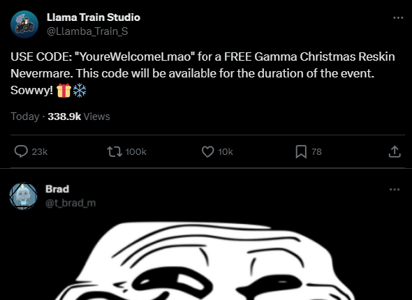 FakeLLNews's tweet photo. After many complaints about the encounter odds of the new Nevermare Reskin, the #LoomianLegacy devs are apologizing by releasing a new code for a free Gamma Xmas Nevermare! https://t.co/3qgld7q6Cn