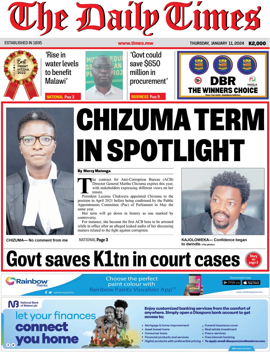 Times360Malawi's tweet photo. #TheDailyTimes front page: The contract for Anti-Corruption Bureau (ACB) Director General Martha Chizuma expires this year, with stakeholders expressing different views on her tenure.

https://t.co/MGGDqYsdAm https://t.co/l7dfWFBoze