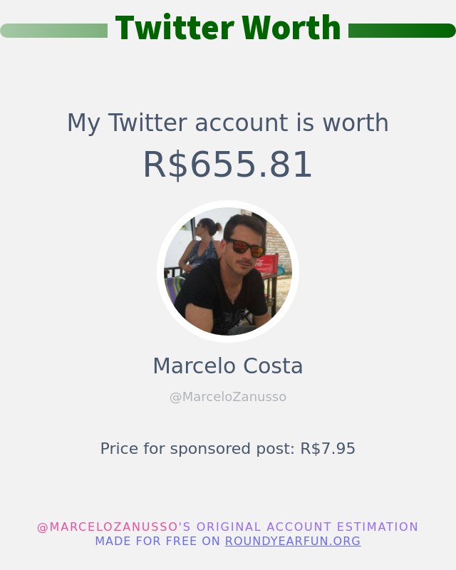 MarceloZanusso's tweet photo. Meu valor no Twitter é: R$655.81

➡️ https://t.co/Tsx9S9s9ZD https://t.co/hrfmpKFOq2
