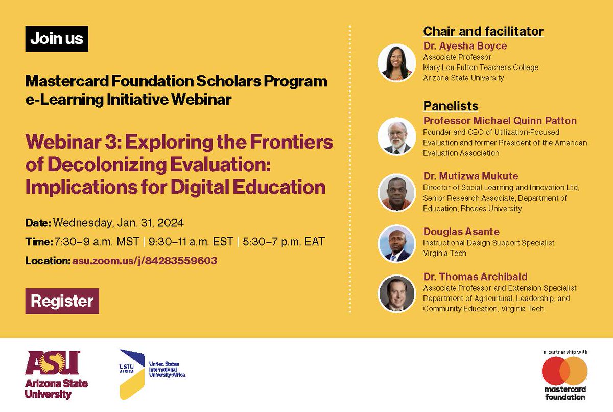Join us on Jan 31 for a Mastercard Foundation Scholars Program e-Learning Initiative Webinar: Exploring the Frontiers of Decolonizing Evaluation: Implications for Digital Education.