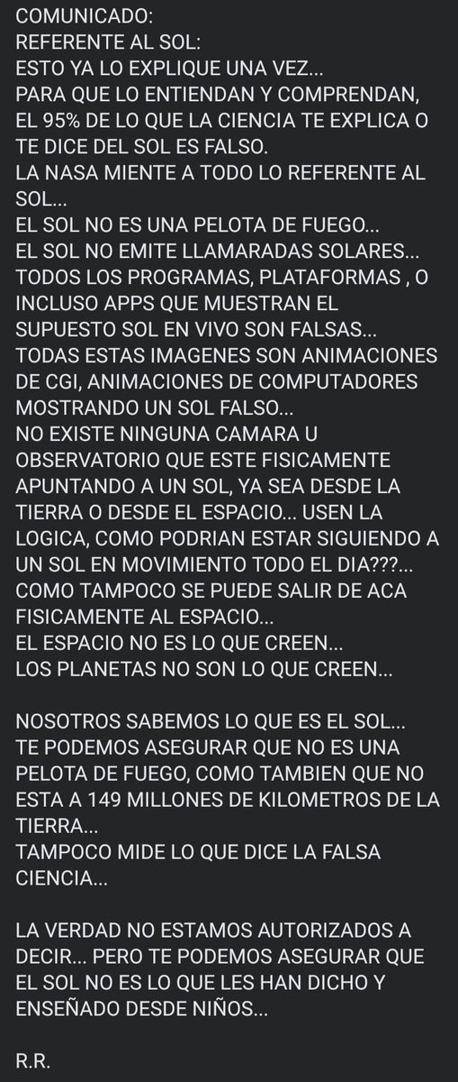SIUKRA12's tweet photo. R.R.
INFO DE MI KRAKET ❤️
REFERENTE AL SOL PARA QUE LO ENTIENDAN Y COMPRENDAN,EL 95% DE LO QUE LA CIENCIA TE EXPLICA O TE DICE DEL SOL ES FALSO
LA NASA MIENTE A TODO LO REFERENTE AL SOL...
EL SOL NO ES UNA PELOTA DE FUEGO...
EL SOL NO EMITE LLAMARADAS SOLARES...
@ALIENEGRO https://t.co/oiic1cGxDo