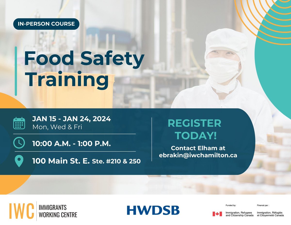 iwchamilton's tweet image. 🌟🍽️ Join our Food Safety Training! Get ready for a 5-day course, with @HWSDB, and and earn your Food Handler Certificate! Classes from Jan 15-24, on Mon, Wed, Fri. #FoodHandler #CertificationCourse #IWCHamilton #HamOnt🚀