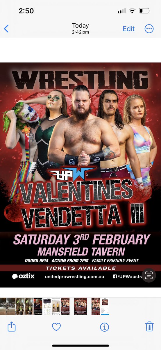 UPWAustralia's tweet photo. Our third event of the year live from Mansfield Tavern! 💥👊🏻

🎟️: https://t.co/JguYqorCQM

#unitedprowrestling #prowrestling #aew #wweraw #liveevents #queensland #WrestlingTwitter #WrestlingCommunity #prowrestlingfans #wwe #indywrestling #Valentines2024 https://t.co/ToGFPiWYan