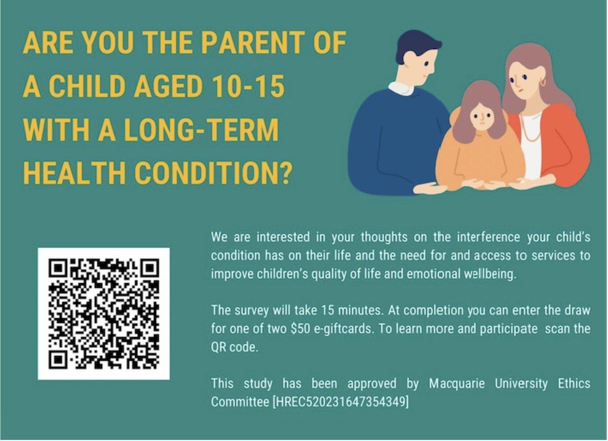 RECRUITING | We're seeking to better understand #psychological #treatment needs of #children w/ #chronicconditions. 

✅ Parent of child w/ a long-term health condition
✅ Eg. epilepsy, diabetes, asthma, pain, allergies, arthritis, IBD, heart condition

👇
redcap.mq.edu.au/surveys/?s=FW3…