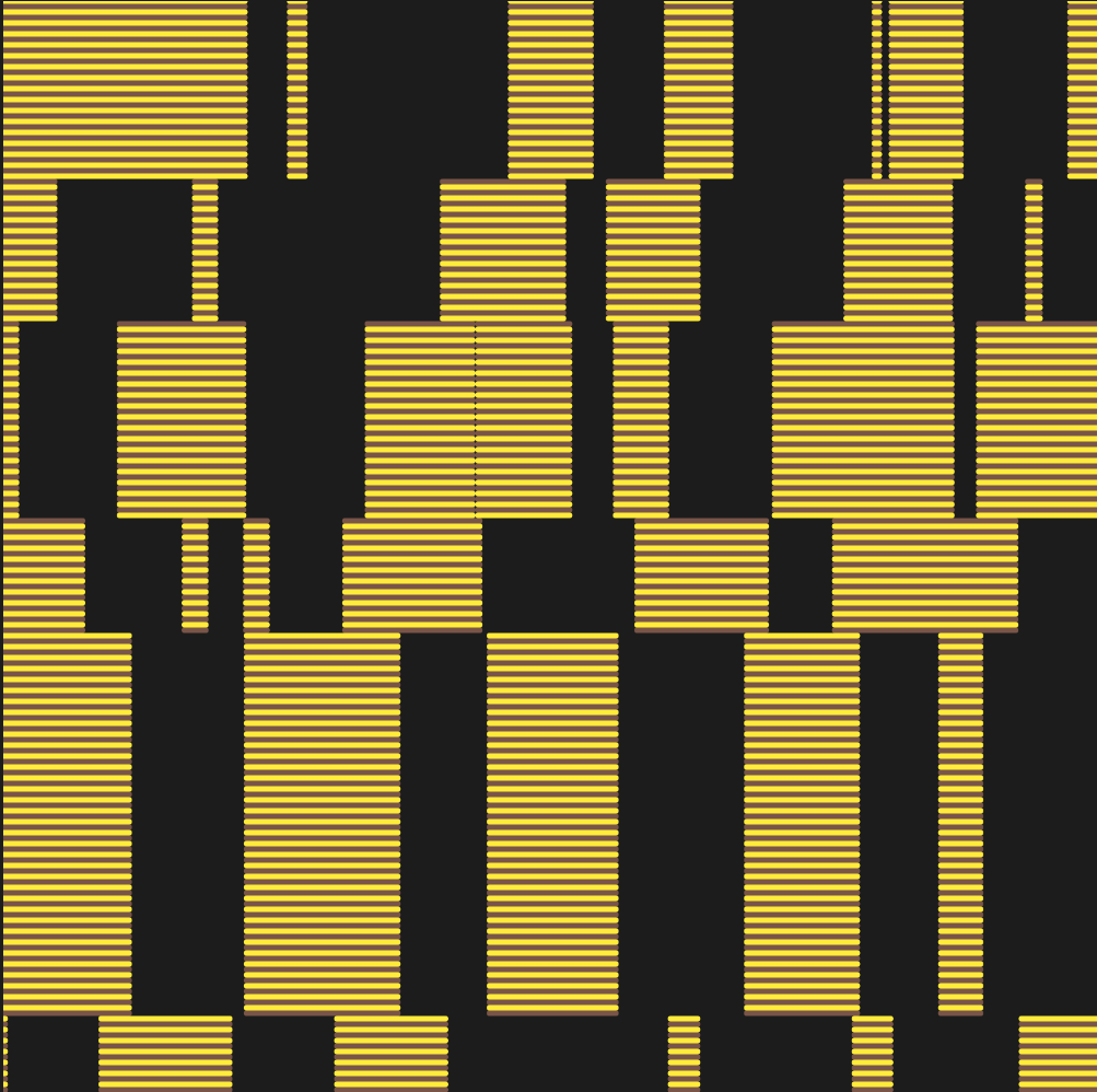 hellonearthis's tweet photo. setup=(G=4)=>{R=random,S=stroke,createCanvas((w=800),w,(g=16)) for(y=0;y<w;y+=G){strokeWeight(G) if(y%g==0){g=~~R(32,96),t=0,h=[] while(t<w){r=R(0,w/(R(4,8))),h.push(r),t+=r} drawingContext.setLineDash(h)} y/G%2==0?S("#FFEB3B"):S("#795548") line(0,y,w,y)}}//#つぶやきProcessing https://t.co/W5y79taaCb