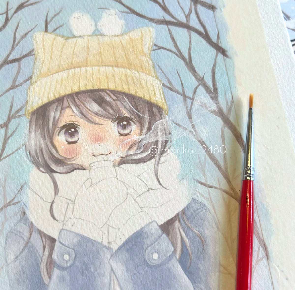 1girl solo traditional media scarf white scarf winter tree  illustration images