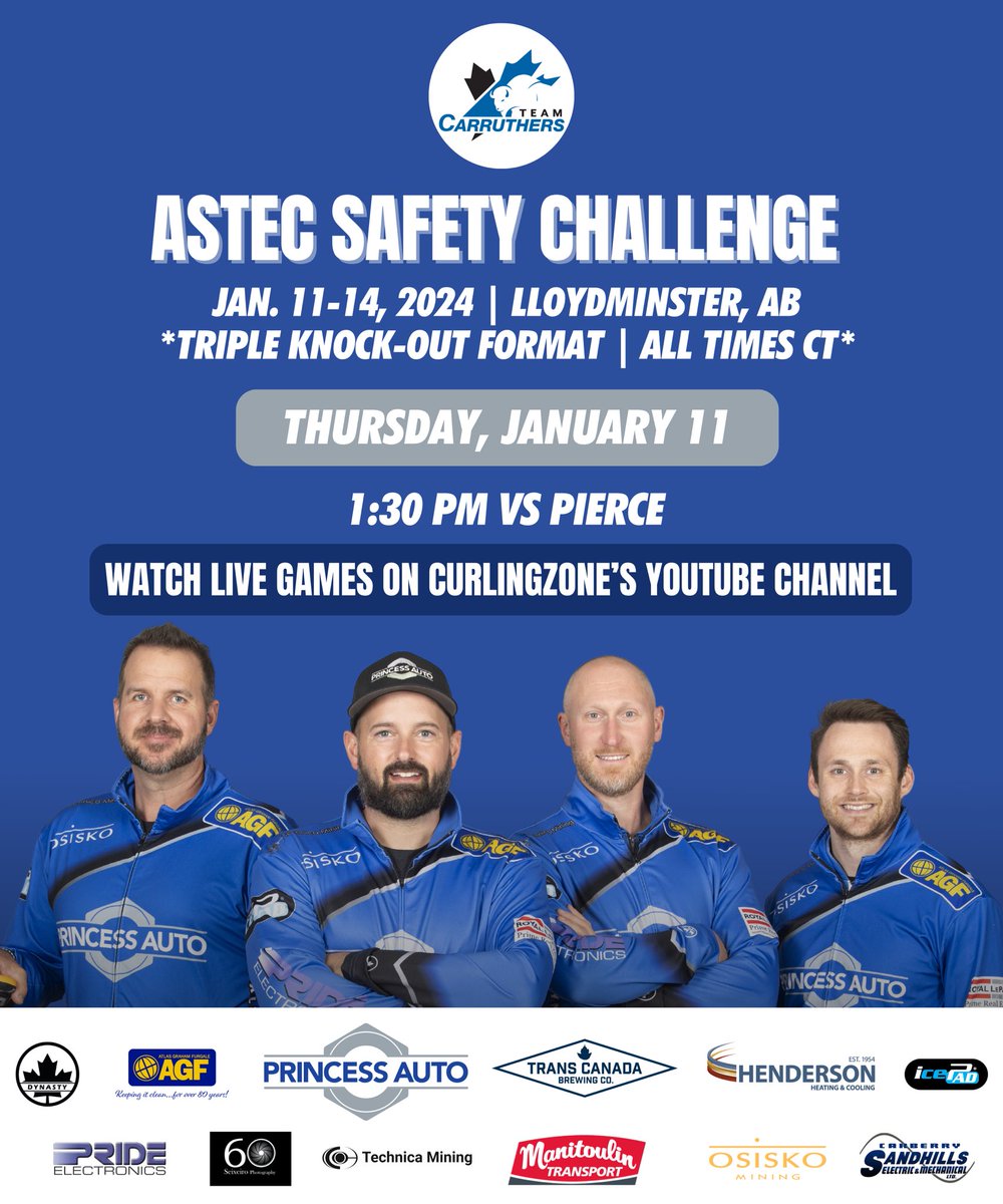 We’re back in action this weekend in Lloydminster! Watch featured games on CurlingZone’s YouTube channel 📺 FIRST GAME: 📆 Thursday, Jan. 11 ⏰ 1:30 pm CT 🆚 Pierce #TeamCarruthers