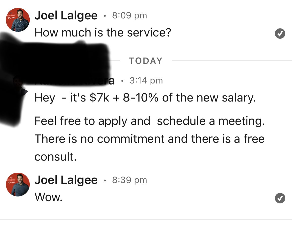 Humanheadhunter's tweet image. This person would charge you 17k to help you land a 100k job…

I know recruiters that charge companies less than this.

What a rip-off.