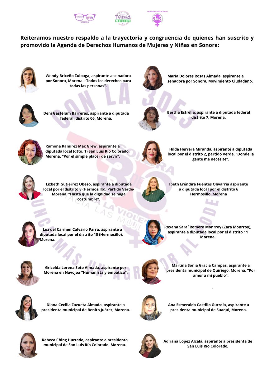 3de3ensonora's tweet photo. La Observatoria Ciudadana Todas Mx Sonora respalda a las mujeres que aspiran participar en el próximo proceso electoral. https://t.co/TwFyjPoTQB