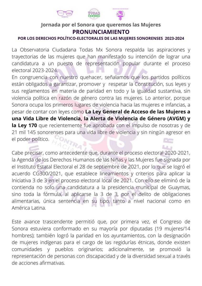 3de3ensonora's tweet photo. La Observatoria Ciudadana Todas Mx Sonora respalda a las mujeres que aspiran participar en el próximo proceso electoral. https://t.co/TwFyjPoTQB