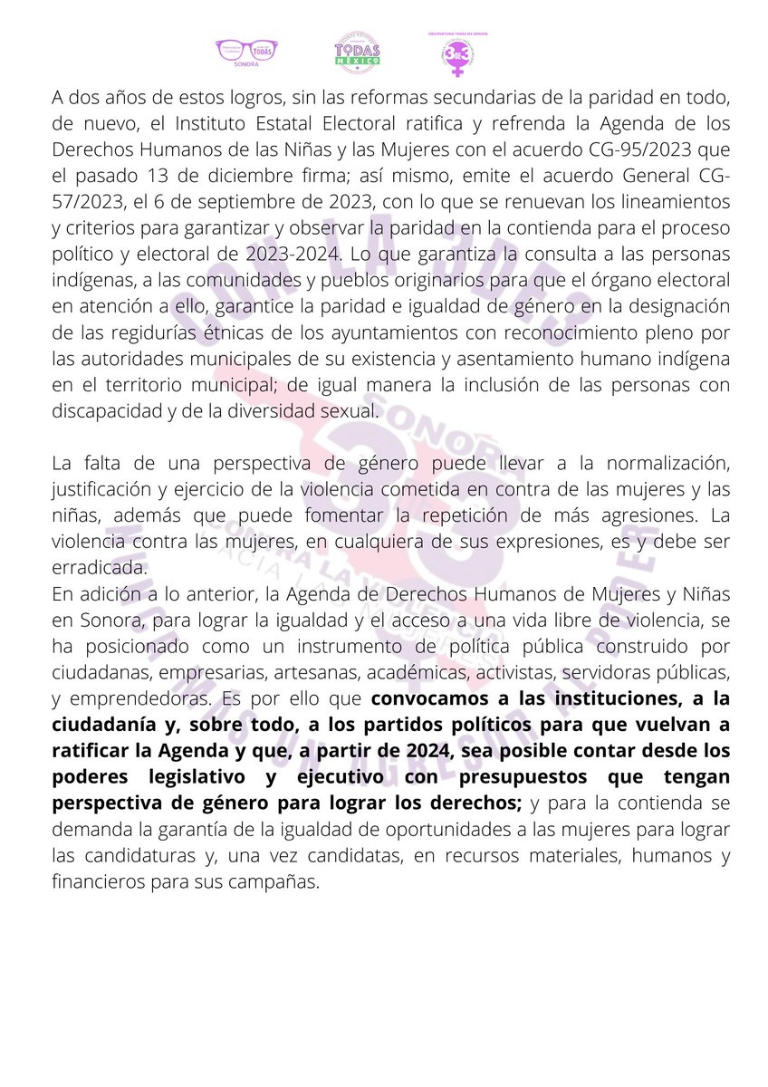 3de3ensonora's tweet photo. La Observatoria Ciudadana Todas Mx Sonora respalda a las mujeres que aspiran participar en el próximo proceso electoral. https://t.co/TwFyjPoTQB