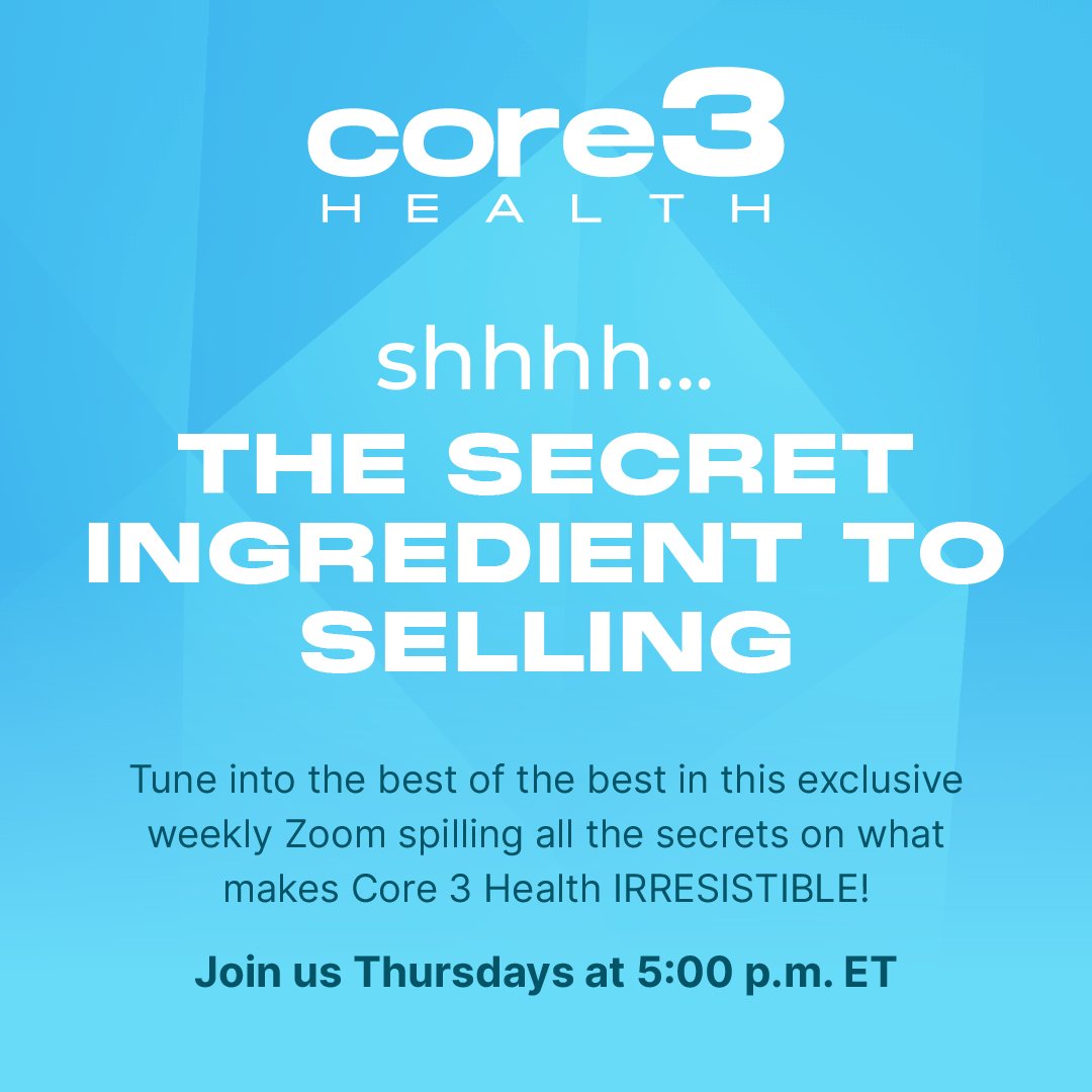 MarketAmerica's tweet photo. ๐ THE SECRET INGREDIENT TO SELLING ๐
๐ In this exclusive weekly Zoom spilling all the secrets on what makes Core 3 Health IRRESISTIBLE!
๐
Join us Thursdays at 5:00 PM ET
๐ก Discover the secrets to success! ๐ก
Registration ๐ https://t.co/txHXKbrrg6
#MA #Core3Health https://t.co/Qu0gjYeMQB