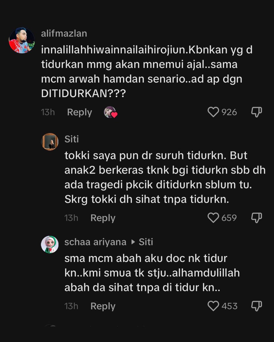 Today I Learned,

Next of kin (NOK atau waris) boleh menolak seandainya doktor mencadangkan agar pesakit ditidurkan — atau dalam jargon perubatannya, sedate and intubate (dibius). 

Sekiranya kita yakin menolak ditidurkan itu juga satu usaha menyembuhkan pesakit, lakukanlah 🤲