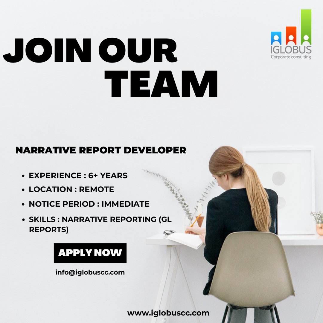 IGLOBUSCC's tweet photo. Dear Folks,
Greetings
Position: Narrative Report Developer
Experience : 6+ Years
Location: Remote
Contact us: 8464848389
*Immediate Joiner's Only
If Interested,
Drop your CV: -info@iglobuscc.com
Our website:-www.iglobuscc.com
Regards,
IGLOBUS

#narrative #reportdeveloper https://t.co/hi7lAMjCDt