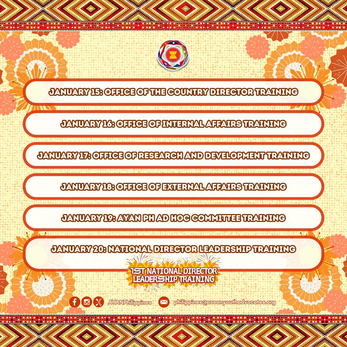 ayanphilippines's tweet photo. “𝗖𝘂𝗹𝘁𝗶𝘃𝗮𝘁𝗲 𝘆𝗼𝘂𝗿 𝗽𝗼𝘁𝗲𝗻𝘁𝗶𝗮𝗹, 𝗲𝗻𝘃𝗶𝘀𝗶𝗼𝗻 𝘁𝗵𝗲 𝗳𝘂𝘁𝘂𝗿𝗲, 𝗮𝗻𝗱 𝗺𝗮𝗸𝗲 𝗮 𝗰𝗵𝗮𝗻𝗴𝗲"

#1stNationalDirectorLeadershipTraining
#Elevate
#ASEANYouthAdvocatesNetworkPhilippines
#AYANPH https://t.co/uzd9ahZVaR