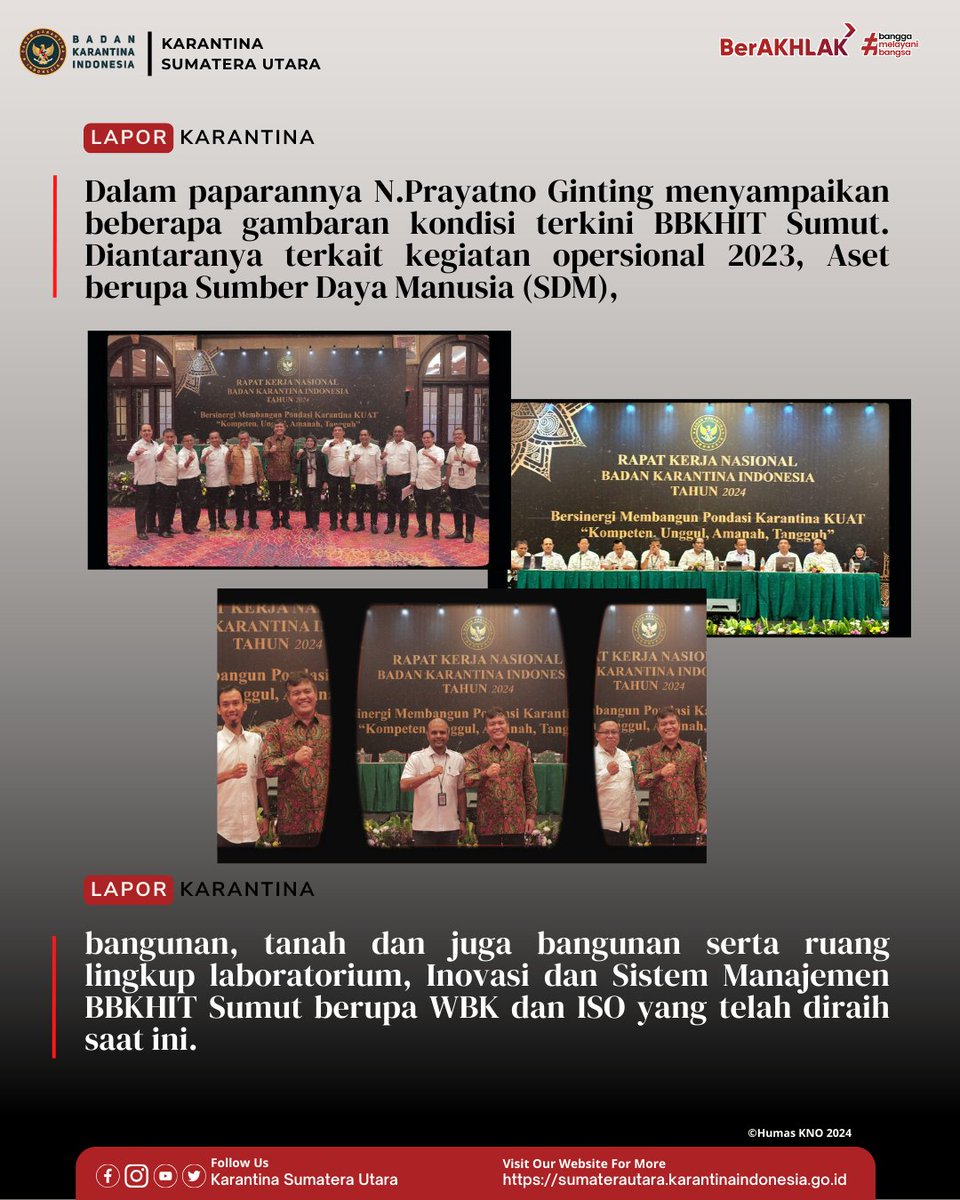 N.Prayatno Ginting, Plt. Kepala <a href="/KarantinaSumut/">Karantina Sumatera Utara</a>  Paparkan Kondisi Terkini Pd Rakornas 2024

Sahat M.Panggabean, Kepala Badan membuka Rakornas Badan Karantina Indonesia 2024. Diman berlangsung dari 09-12 Januari 2024, yg dilaksanakan di Hotel Bidakara, Jakarta.

<a href="/BarantinRI/">Badan Karantina Indonesia</a>