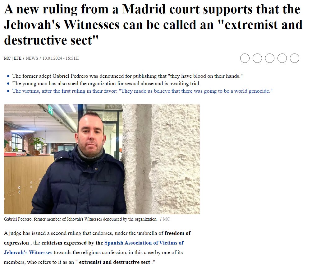 Spain: 'A new ruling from a Madrid court supports that the Jehovah's Witnesses can be called an 'extremist and destructive sect' www-20minutos-es.translate.goog/noticia/520788…