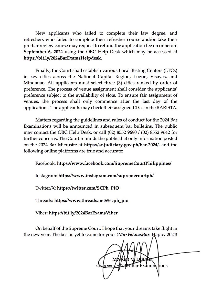 READ: Bar Bulletin No. 2 (January 11, 2024)
APPLICATION FOR THE 2024 BAR EXAMINATIONS: PERIOD, PROCESS, REQUIREMENTS, FEES, and VENUE ASSIGNMENT

sc.judiciary.gov.ph/wp-content/upl…

#Bar2024 #BarNiJLo2024 #MostValuableLaban #MarVeLousBar