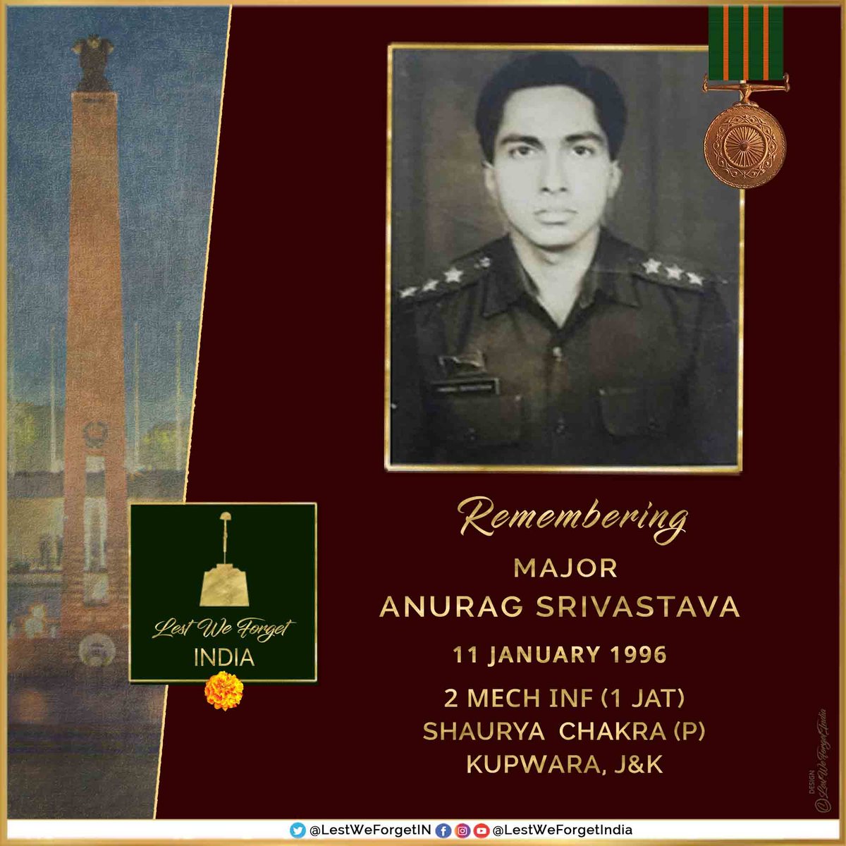 #LestWeForgetIndia🇮🇳 Major Anurag Srivastava, #ShauryaChakra (P), 2 MECH INF (1 JAT) and his supreme sacrifice in J&K #OnThisDay 11 January in 1996 The gallant #IndianBrave laid down his life in a counter infiltration operation along the LoC in Kupwara, J&K.🏵️