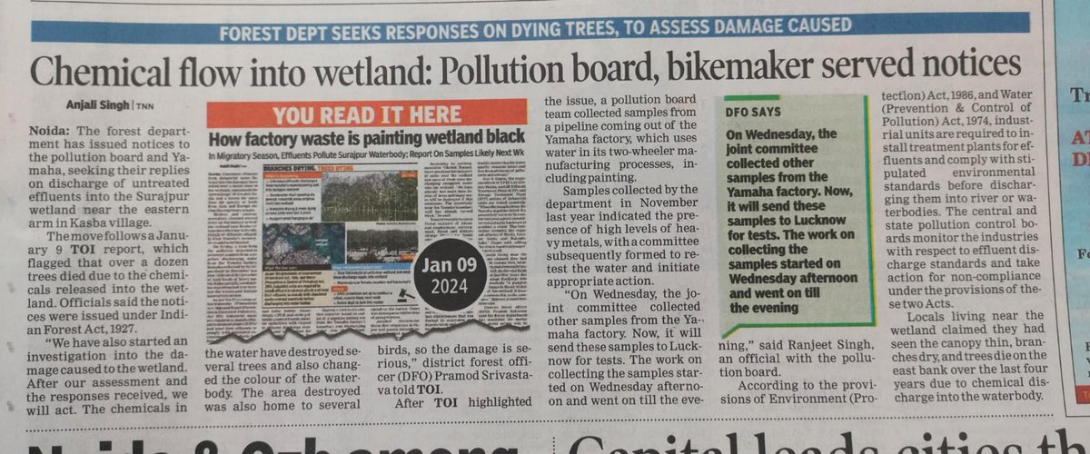 TOI impact: The forest department has issued notices to the pollution board and Yamaha, seeking their replies on discharge of untreated effluents into the Surajpur wetland near the eastern arm in Kasba village .