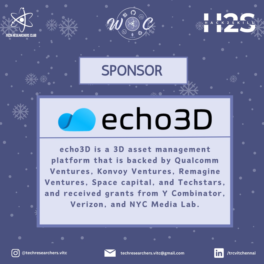 trcvit's tweet photo. Introducing our Sponsor - echo3D!

Welcoming you to TRC's Winter of Code!

#sponsor #echo3D #TRC #woc #coding #sponsor #vit #vitchennai https://t.co/2uSI4fFedt