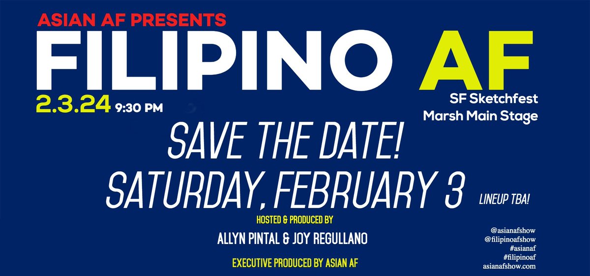 joyregullano's tweet photo. @AsianAFshow presents @FilipinoAFshow returns to SF Sketchfest Sat 2/3 @ 9:30pm at Marsh Mainstage!! Roll through!

Tickets available here: 
https://t.co/n06KprIKqM https://t.co/FyovhGtNlu