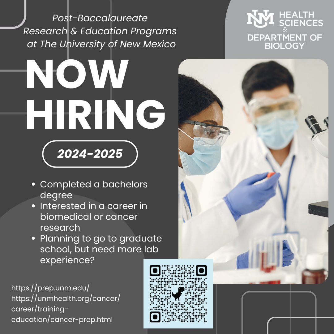 PrepUnm's tweet image. Accepting applications now for a Cancer-PREP scholar interested in a winter start date! Review of summer 2024 applicants will begin in March, with interviews planned for April and May. Don't delay getting those applications submitted!    PREP@UNM.EDU