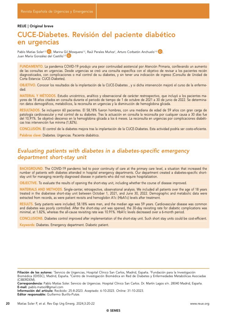 Pablomatsol's tweet photo. Desde los servicios de urgencias todavía podemos dar más. La revisión y optimización precoz del tratamiento antidiabetico de los pacientes atendidos por una complicación aguda de la diabetes conlleva una mejoría del control de su enfermedad @ReuErevista @SEMESDiabetes https://t.co/a7qh0Lcfn9