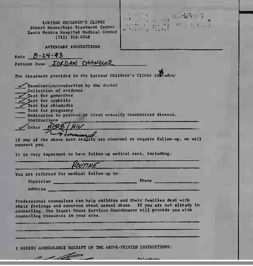 So #EvanChandler the oh so concerned father waited over a month to get his son #JordanChandler tested for STI's after learning on (July 16th 1993) he was sexually abused (allegedly) 

Such a concerned father, huh?